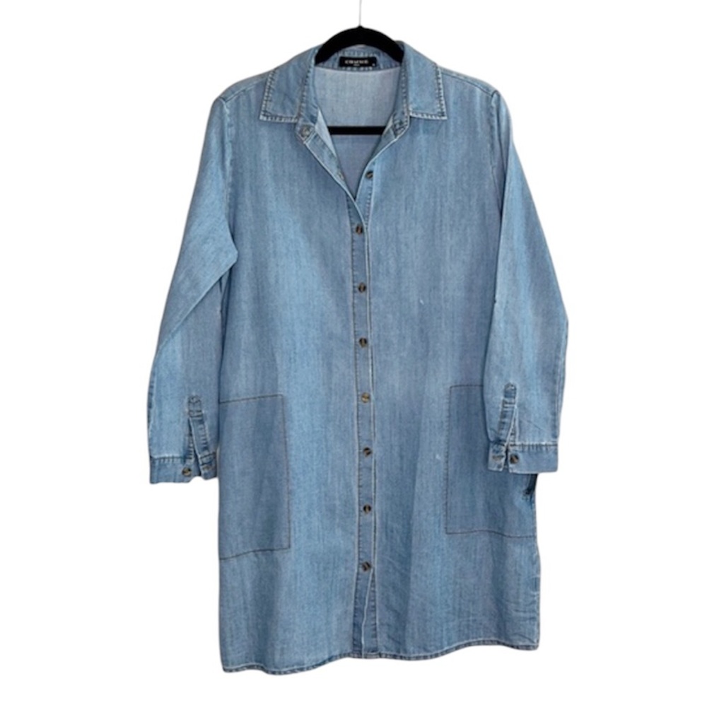 COMME USA Light Blue Denim Zip Pocket Button Down Shirt Dress